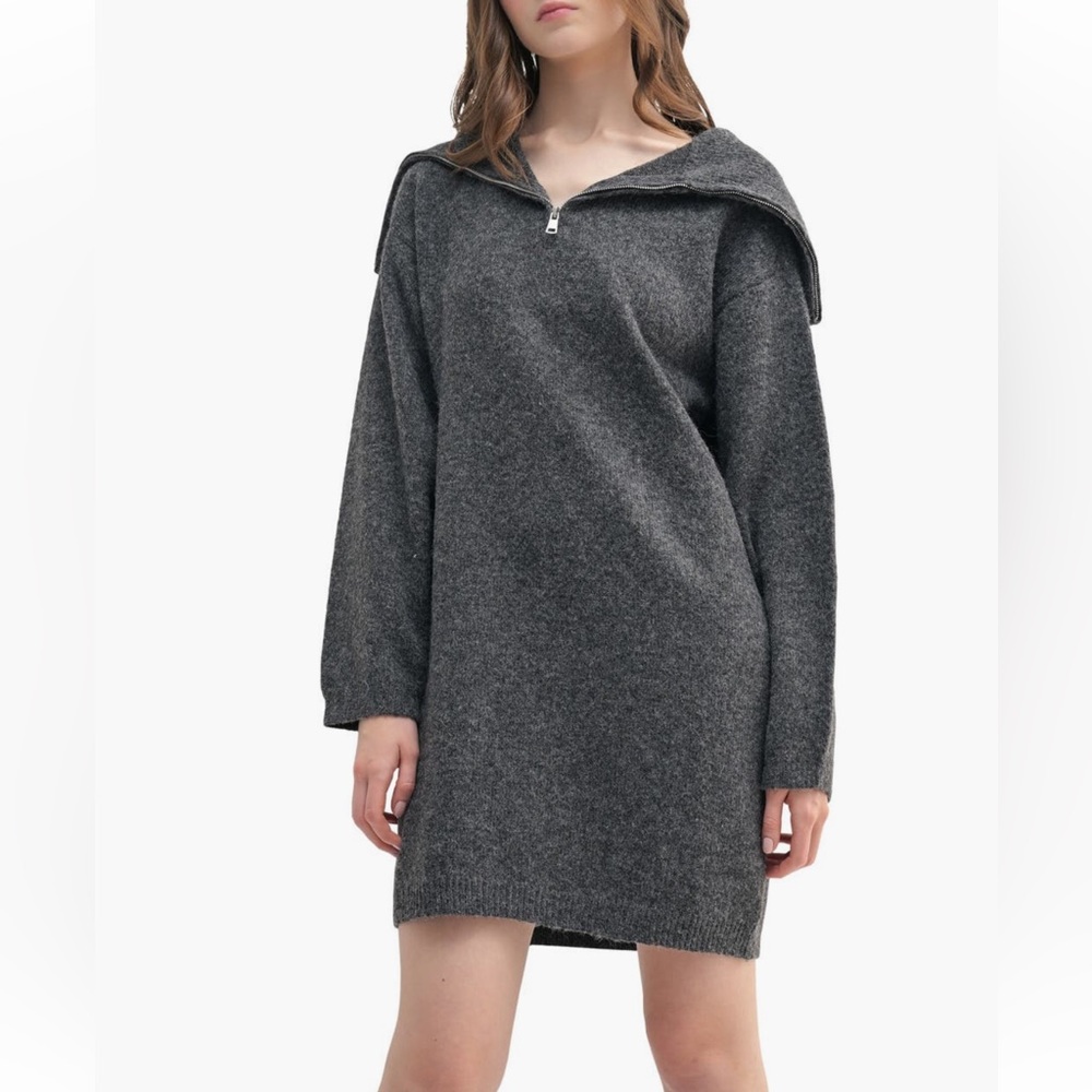 All in Favor Zip Collar Long Sleeve Mini Sweater Dress